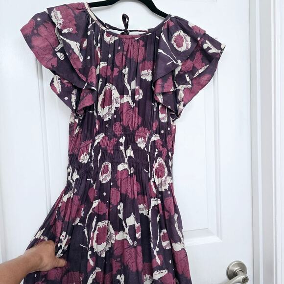 Cleobella Ellison Dress S Purple Floral Print Midi 100% Organic Cotton Smocked - Picture 7 of 12